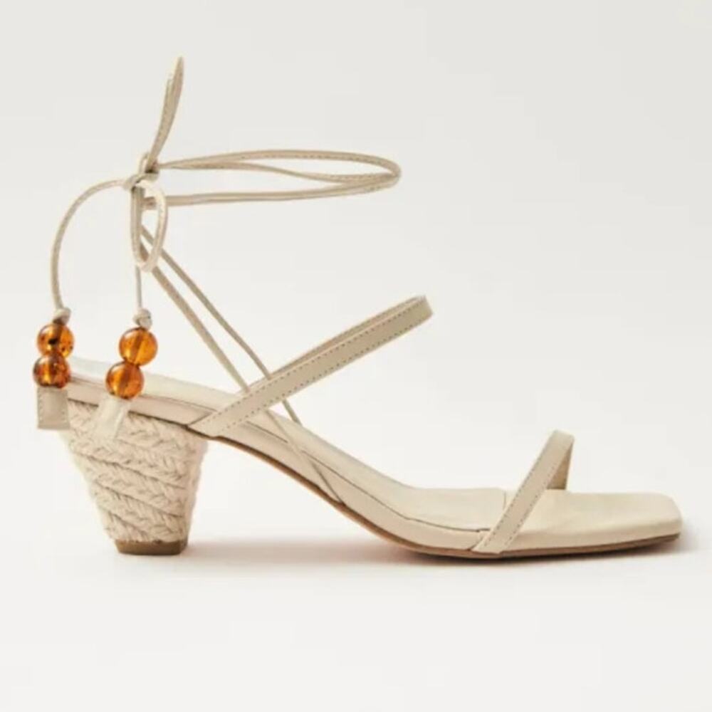 ALOHAS Cream Braided Heel Sandals with Amber Bead Accents